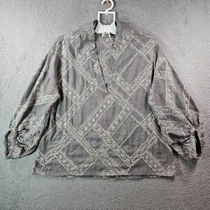 Ivy Jane Tunic Top Blouse Women Small / Medium V-Neck Embroidered Gray‎ Beige